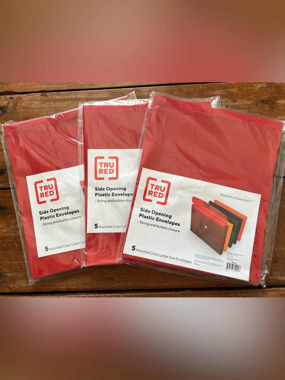 Tru Red - Multi Color Side Opening Plastic Envelopes - Three Packs of 5
